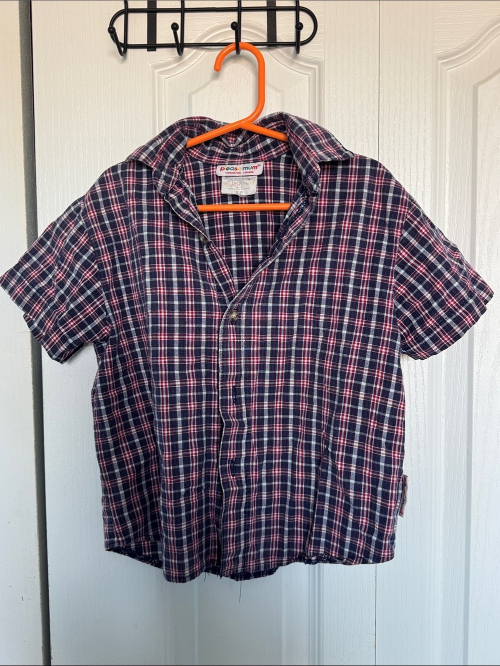 Vintage Please Mum Short-Sleeve Navy Plaid Button-Up Shirt Size Small